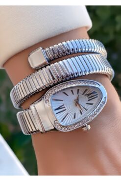 Merand Gümüş Renk Beyaz Kadran Yılan Saat, Dolamalı Saat, Kadın Kol Saati