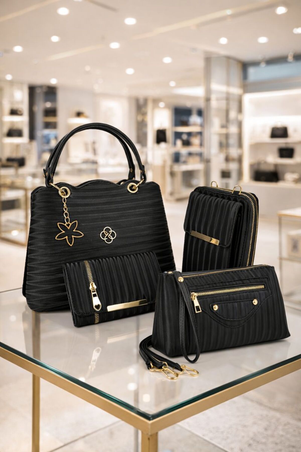 MOLDİVA 4'lü Set Kadın Siyah Çanta Kombin, Kadın Omuz Çantası, Cüzdan, Telefon Çantası, Bilek Askılı Çanta