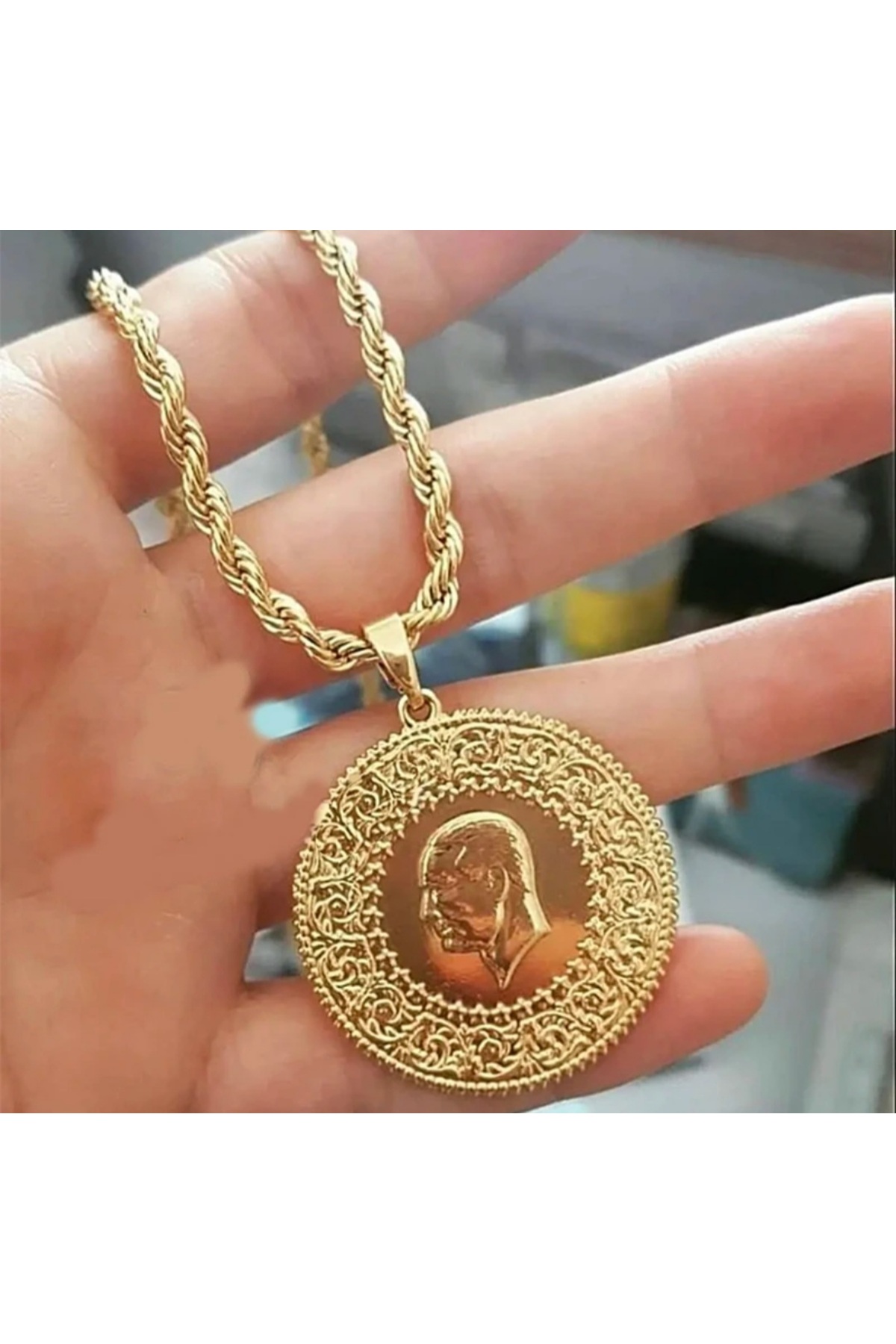 toptanhanem Gerçek Altın Görünümlü Cumhuriyet Tam AtA Kolye | Kararmaz Antialerjik Çelik Kolye - Görsel 2