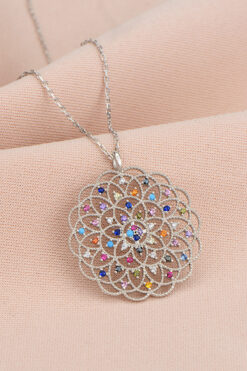 Bilsen Store 925 Ayar Gümüş Zincirli Miks Taşlı Yaşam Çiçeği Kolye