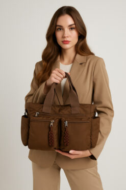 NOTHING Kadın Kahve Paraşüt Kumaş Çok Gözlü El ve Omuz Çantası Bera