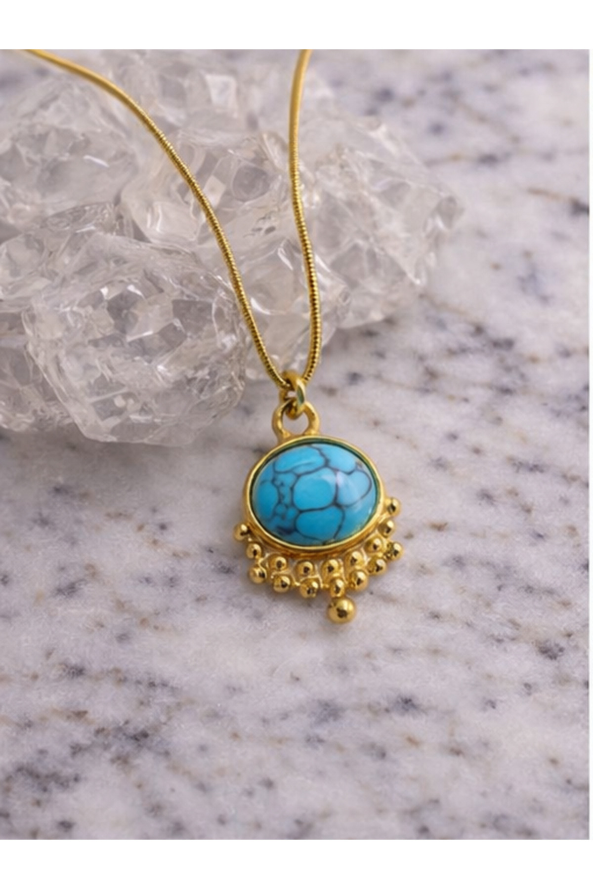 stainles steel Firuze Taşlı Göz Yaşı Çelik Kolye Süryani Kolye (Çapı:1,4cm) Halef Dizi