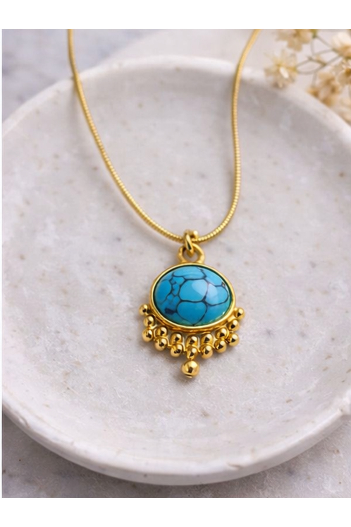 stainles steel Firuze Taşlı Göz Yaşı Çelik Kolye Süryani Kolye (Çapı:1,4cm) Halef Dizi - Görsel 2