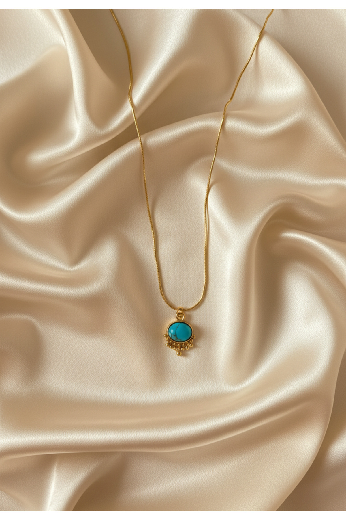 stainles steel Firuze Taşlı Göz Yaşı Çelik Kolye Süryani Kolye (Çapı:1,4cm) Halef Dizi - Görsel 3