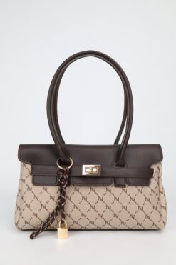 NOTHING Kadın Monogram VizonKahve Deri Kemerli Charm Detaylı Kapaklı El Ve Omuz Çantası 16x30 Cm Pera