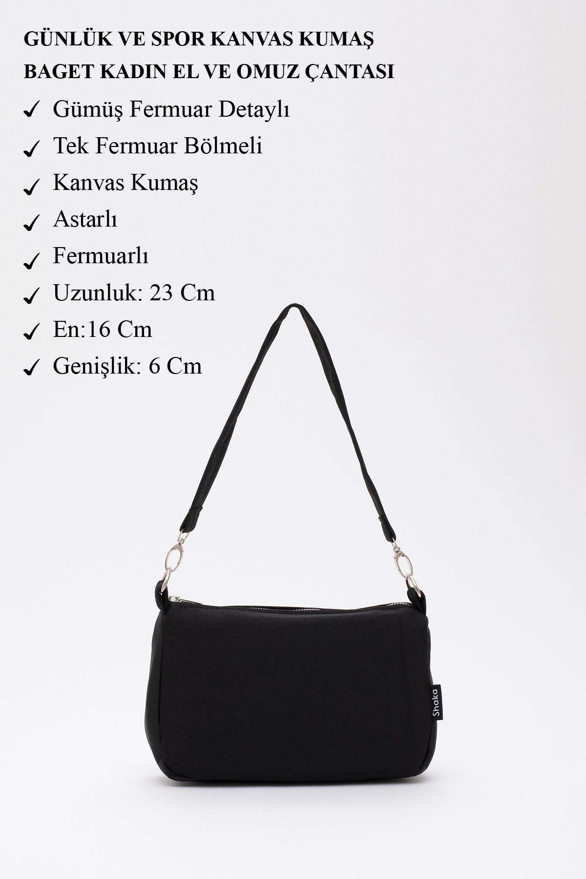 SHAKA Siyah U16 Günlük Spor Kanvas Kumaş Baget Kadın El Ve Omuz Çantası U:23 E:16 G:7 - Görsel 3