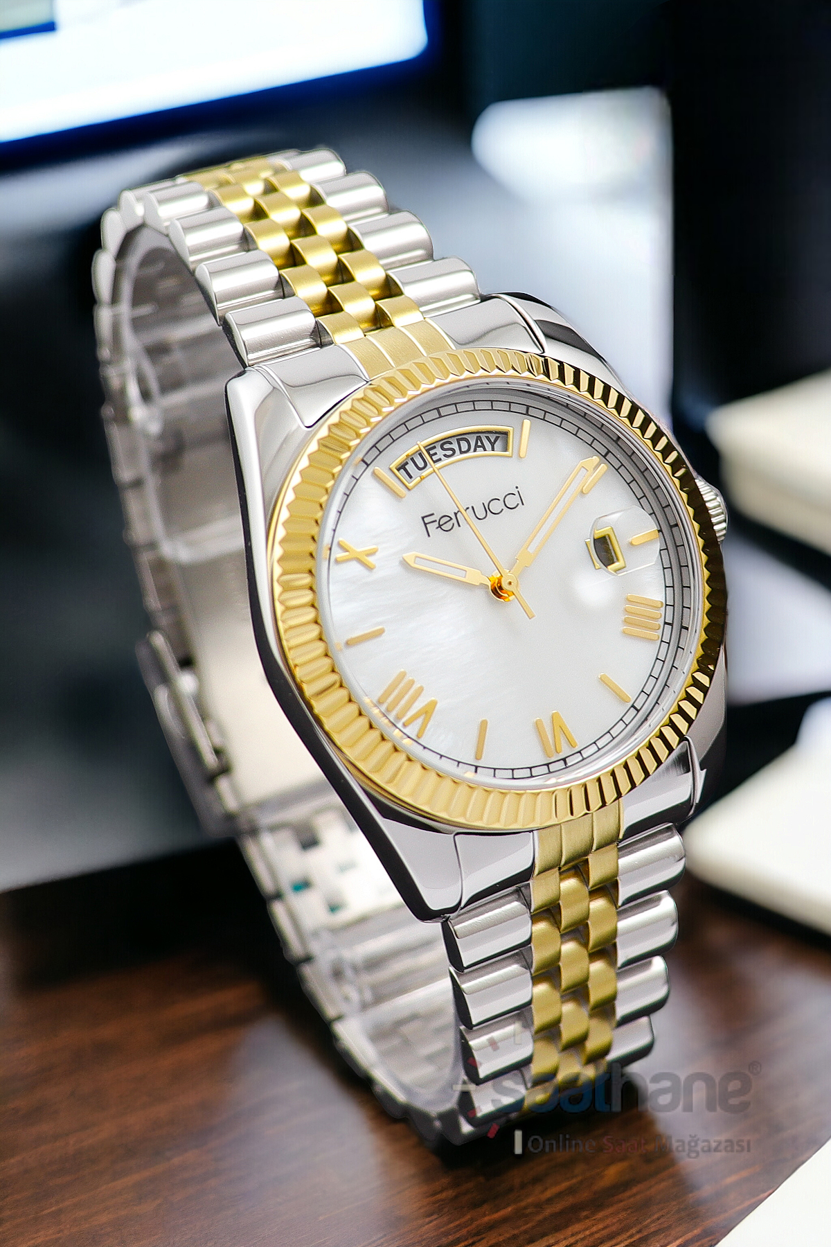 Ferrucci Takvimleri Aktif Sarı Beyaz Renk Çelik Kordon Orijinal Kadran Kadın Kol Saati FC.13024TM - Görsel 3