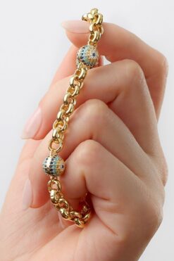 Silvano Jewelry 925 Ayar Gümüş Altın Kaplama Taşlı Göz Nazar Kalın Bileklik