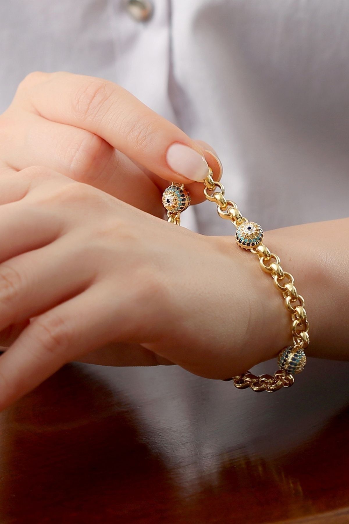 Silvano Jewelry 925 Ayar Gümüş Altın Kaplama Taşlı Göz Nazar Kalın Bileklik - Görsel 2