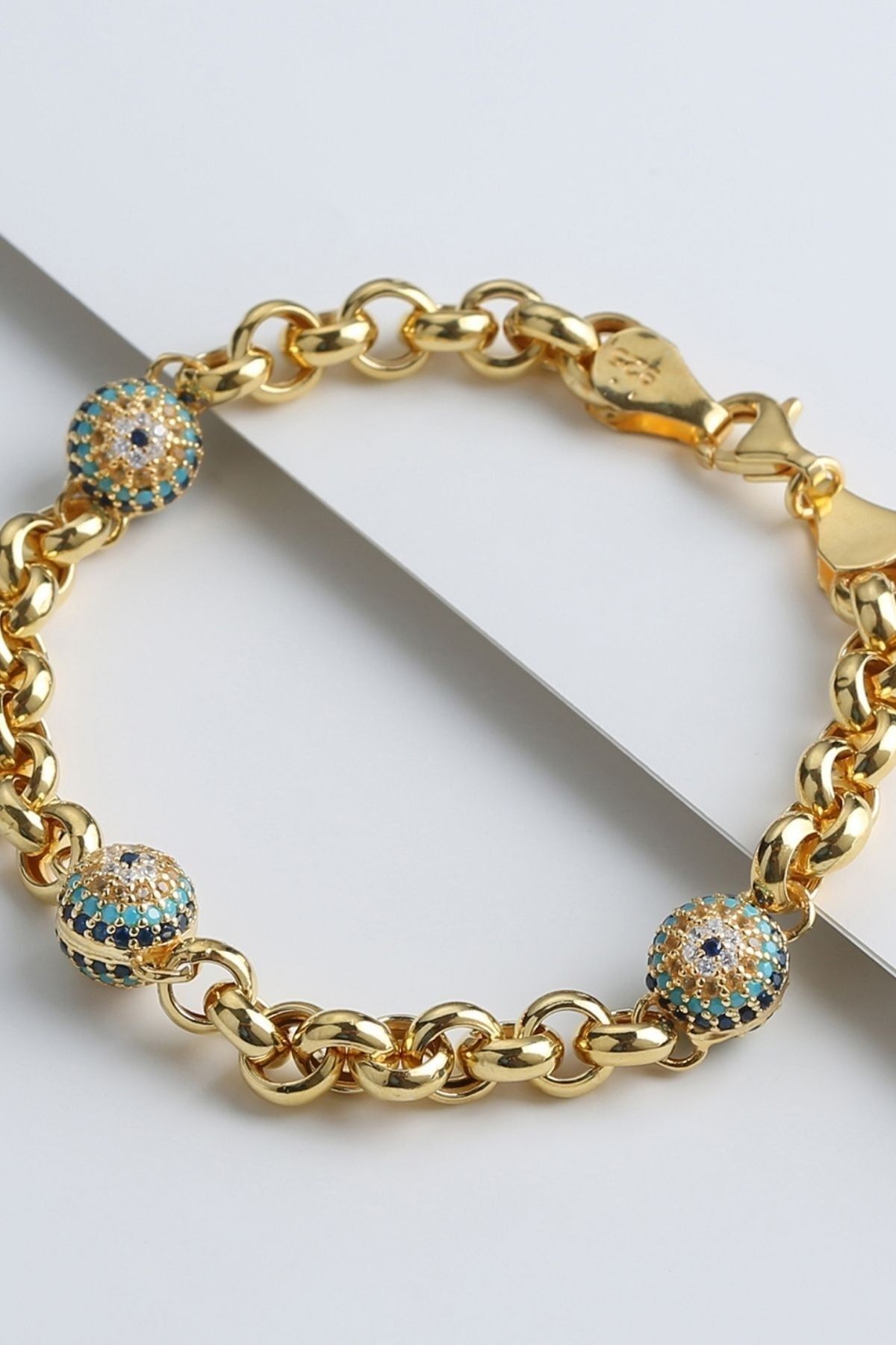 Silvano Jewelry 925 Ayar Gümüş Altın Kaplama Taşlı Göz Nazar Kalın Bileklik - Görsel 3