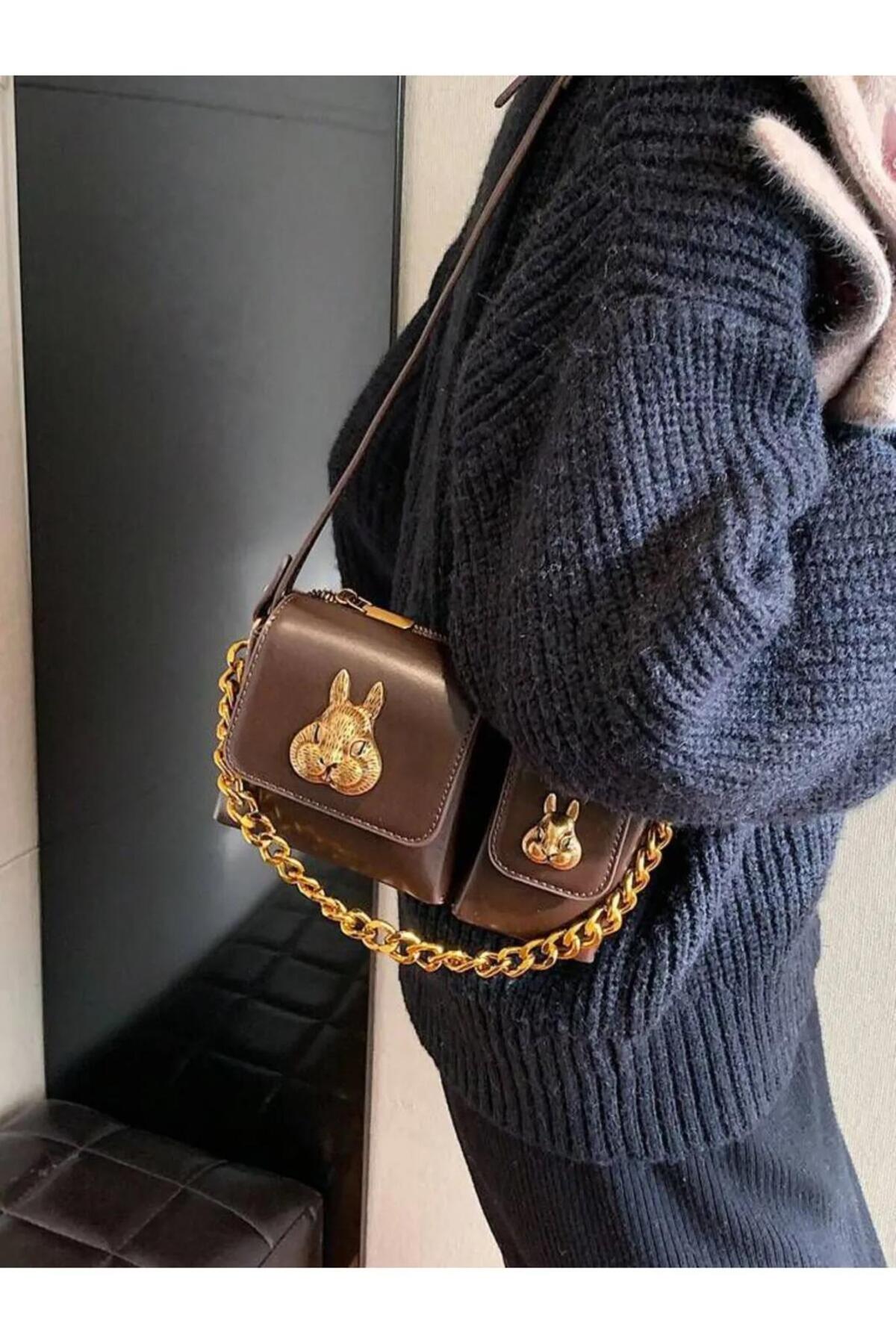 Katusa Kadın Kahverengi Sincap Aksesuar Detaylı Tasarım Baget Çanta - Görsel 3