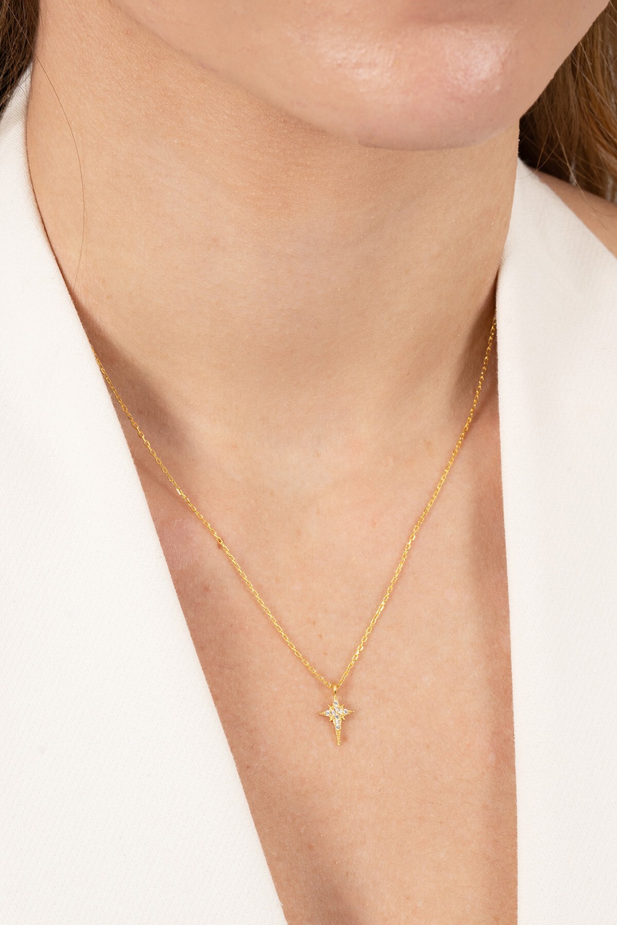 Söğütlü Silver 925 ayar gümüş kolye altın yaldızlı zirkon taşlı minimal kutup yıldızı kolye SGTL13149GOLD - Görsel 2