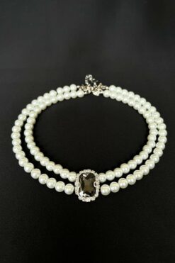 Sose Moda Siyah Kristal Uçlu Inci Choker Kolye