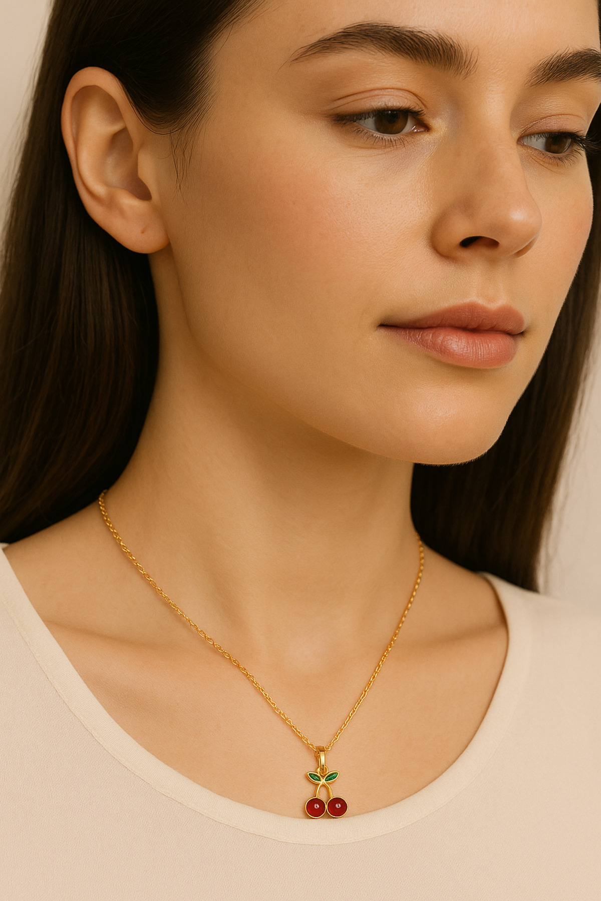 glanssieraad Altın Kaplama Çelik Kiraz Kolye ve Küpe Takım – Şıklığın Meyvesi - Görsel 2