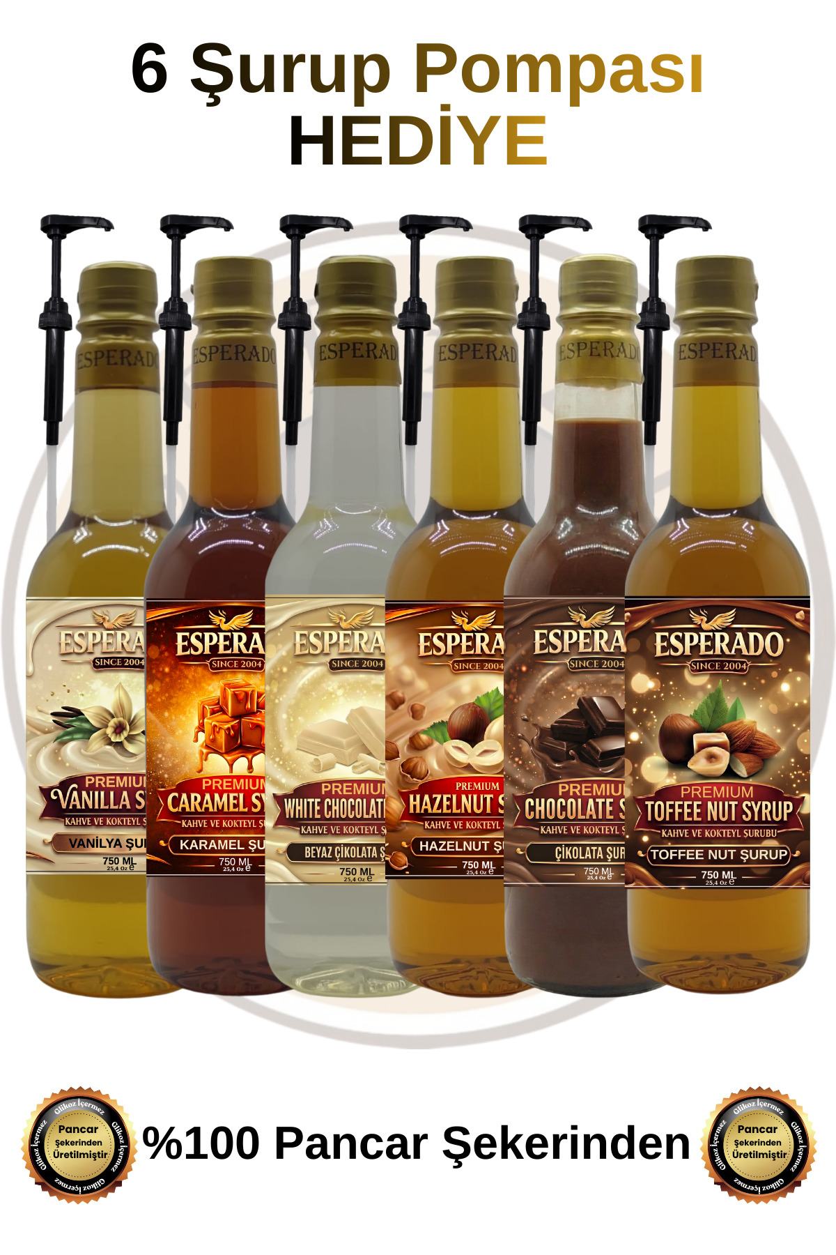 ESPERADO VANİLYA-KARAMEL-BEYAZ ÇİK.-FINDIK-ÇİKOLATA-TOFFNUT AROMALI KAHVE ŞURUBU 750 ML*6 AD.