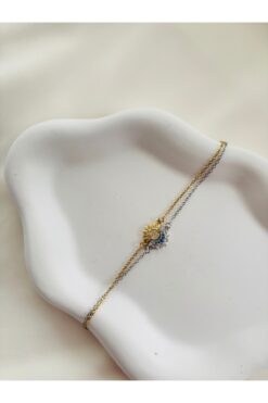 Home Kadın Ay Güneş Figürlü Çift Zincir Bileklik | Gold Gümüş Renk Taşlı Minimal Şık Bileklik