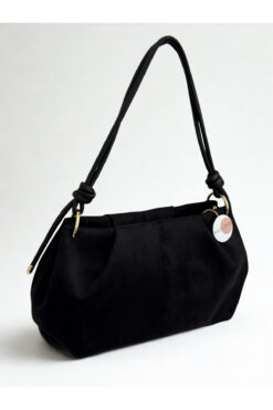 BAGLOVİS ASKISI DÜĞÜM DETAYLI ORTA BOY SÜET SİYAH KADIN OMUZ ÇANTASI EN35 BOY20