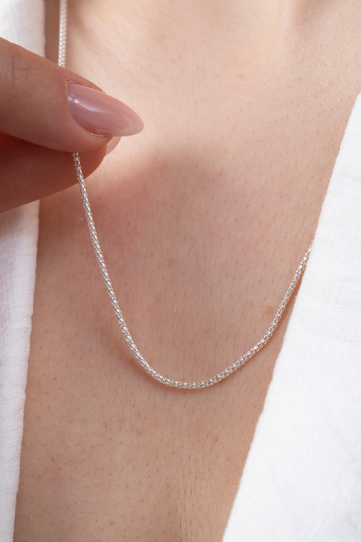 Elika Silver 925 Ayar Gümüş Popcorn Zincir Parıltılı Kolye - Görsel 3