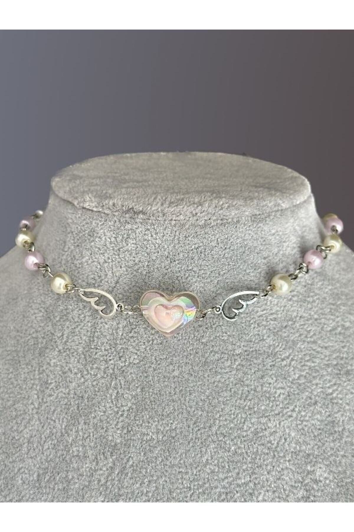 sleyshop Kelebek Melek Kanatlı Choker Pembe Boncuk Inci Kolye - Görsel 3