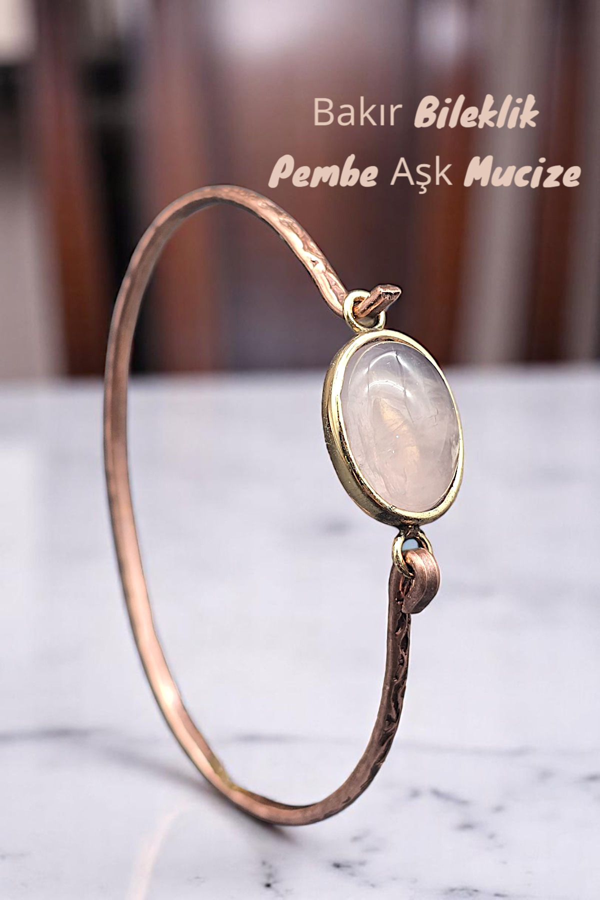 NBS Beautiful Naturel Stones Bakır ( Saf Gerçek ) Pembe Kuvars Trend Zarif Bileklik ( Nazar Koruma ) ( Özel Günler , Hediyelik )