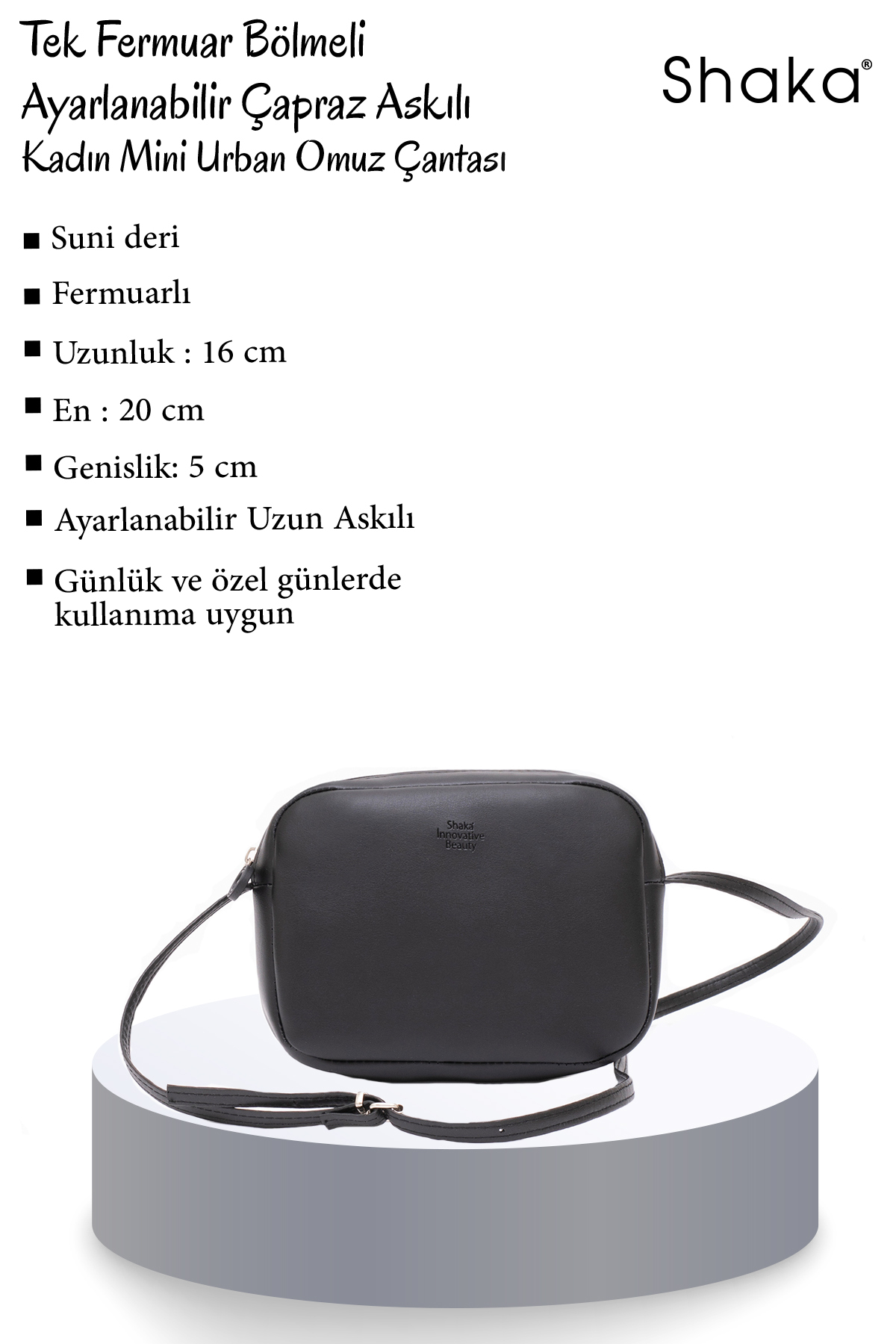 SHAKA Siyah U23 Tek Fermuar Bölmeli Ayarlanabilir Çapraz Askılı Kadın Mini Urban Omuz Çantası U:16 E:20 G: - Görsel 3