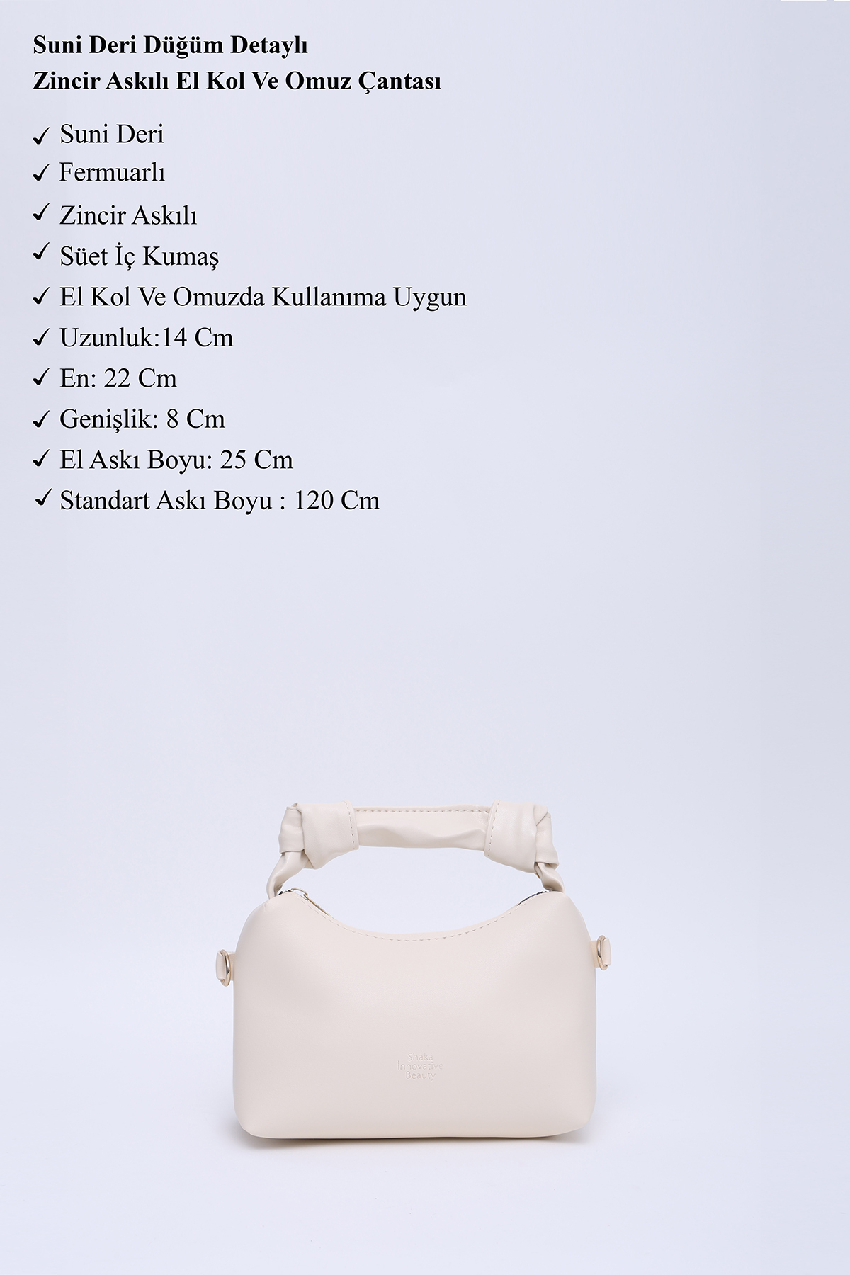 SHAKA Krem Shk24 Orjinal Soft Deri Düğüm Detaylı Zincir Askılı El ve Omuz Çantası - Görsel 3