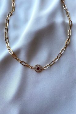 gaila design Fuşya Taş Detaylı Altın Kaplama Kolye