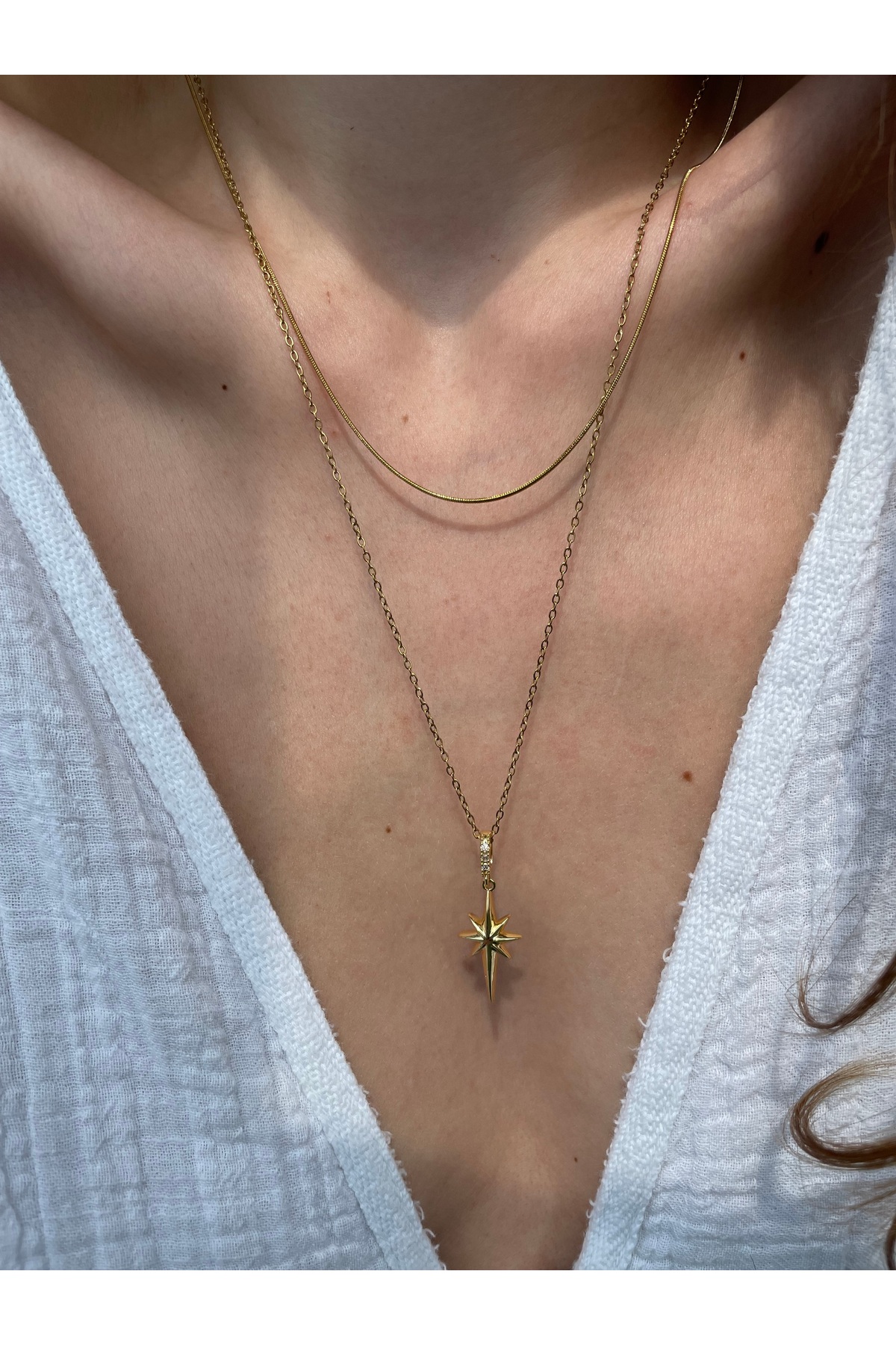 Hora Kuzey Yıldızı Çift Sıra Gold Çelik Kolye
