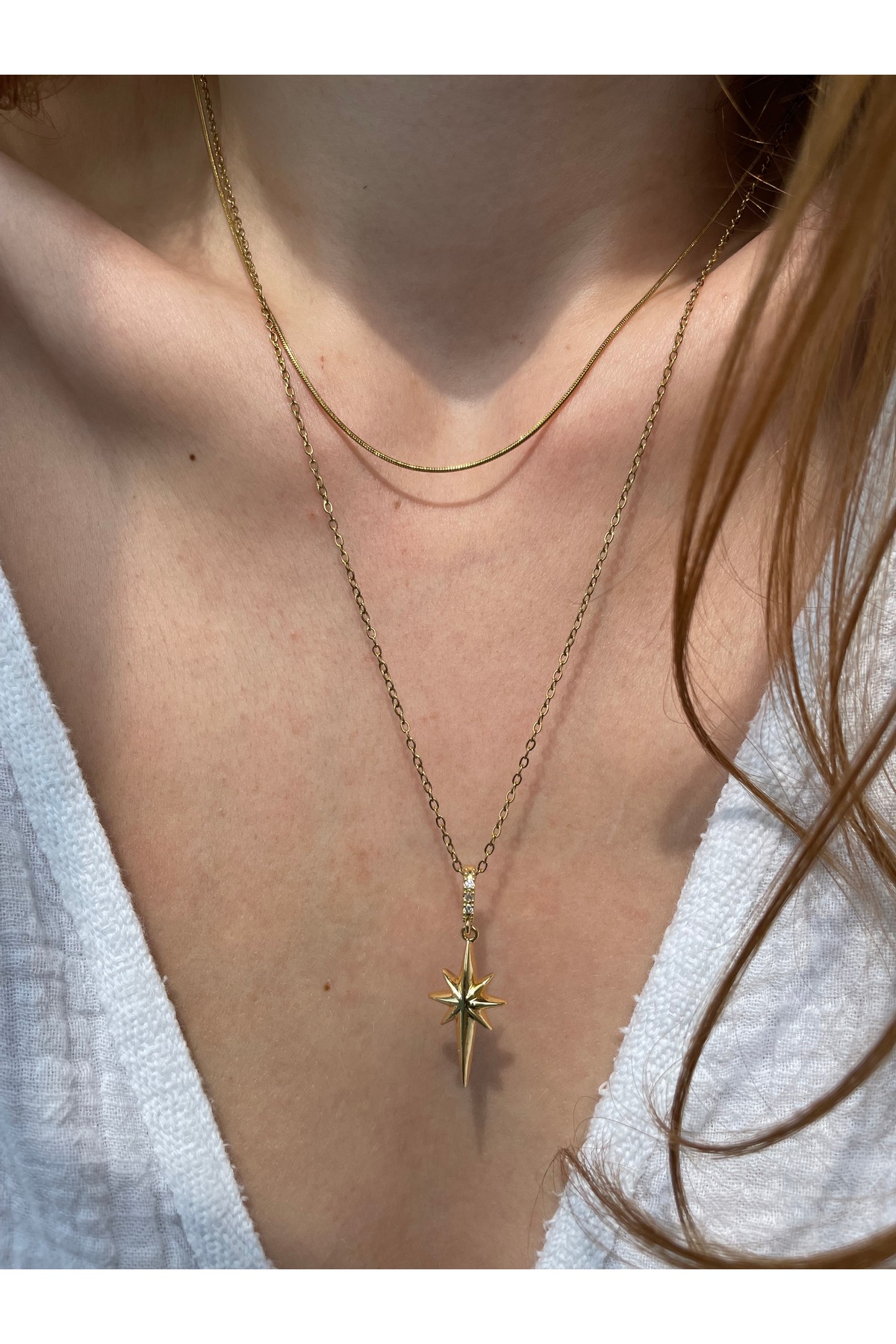 Hora Kuzey Yıldızı Çift Sıra Gold Çelik Kolye - Görsel 2