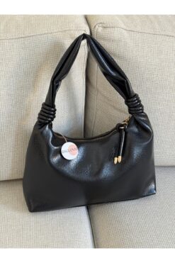 BAGLOVİS Yumuşak Deri Görünümlü, Büzgü Askılı, Günlük , Şık , Siyah Kadın Omuz Çantası En35 Boy20