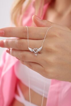 Bilsen Store Kadın 925 Ayar Gümüş Zincirli Melek Kanatlı Kalp Tek Taş Kolye