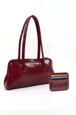 SHAKA Bordo SHK251 Kırışık Suni Deri Fermuarlı Omuz Çantası ve Kroko Cüzdan Seti (Shk227-Shk181)