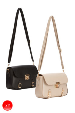 Adelina Bags Kadın Kilit Detaylı Siyah ve Bej Omuz Çantası 2 Adet Çanta