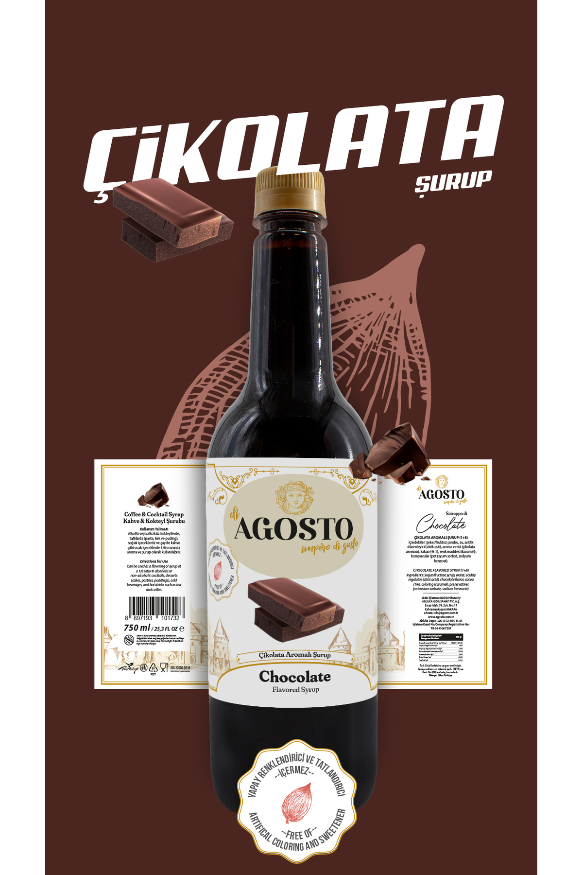 AGOSTO Çikolata (Chocolate) Şurup 750 ml-Kahve Şurubu
