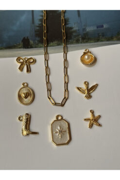 roshel Çelik Ataç Zincir ve 7 Adet Charm Kolye Yapım Seti 10 Adet Halka Kuzey