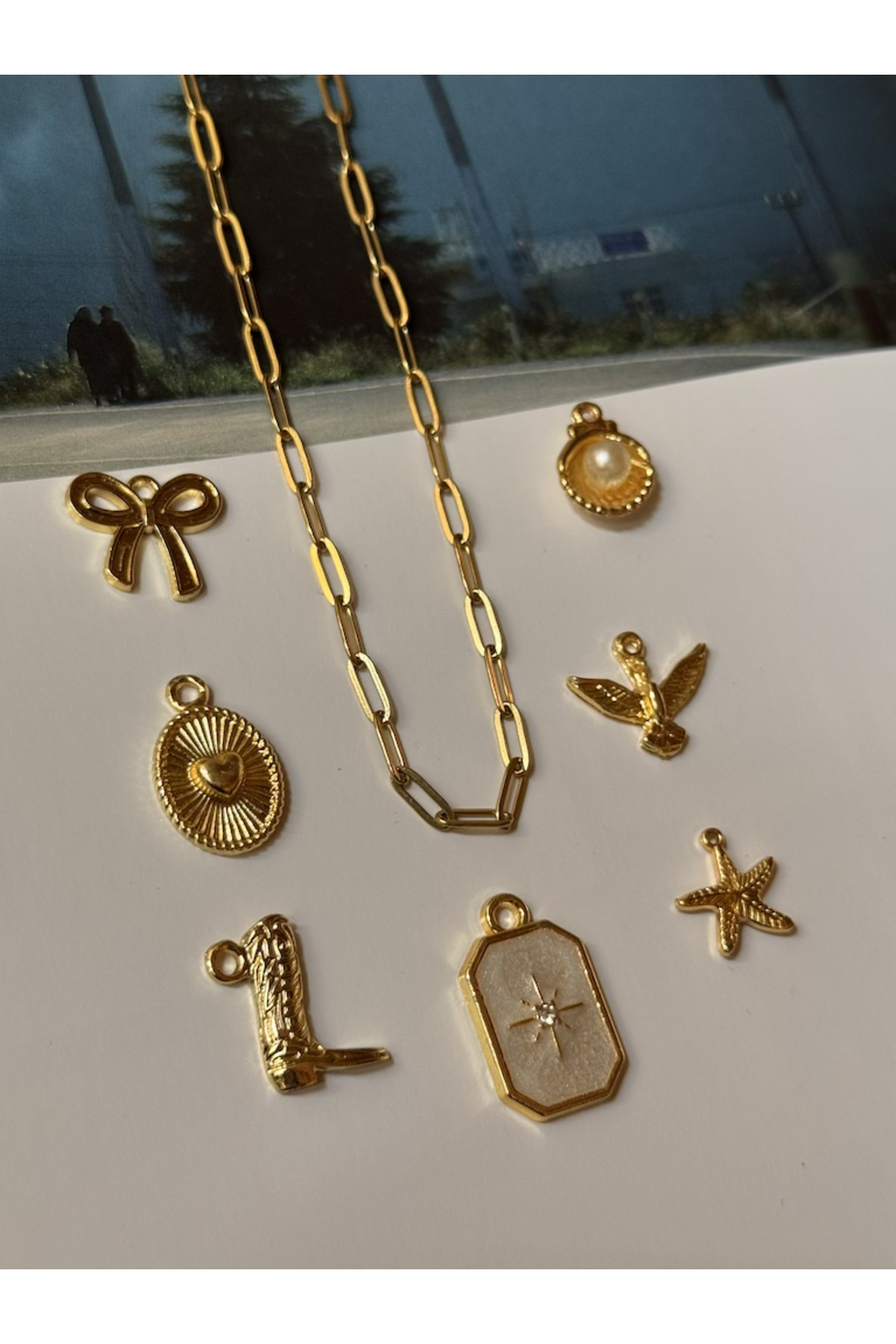 roshel Çelik Ataç Zincir ve 7 Adet Charm Kolye Yapım Seti 10 Adet Halka Kuzey - Görsel 2