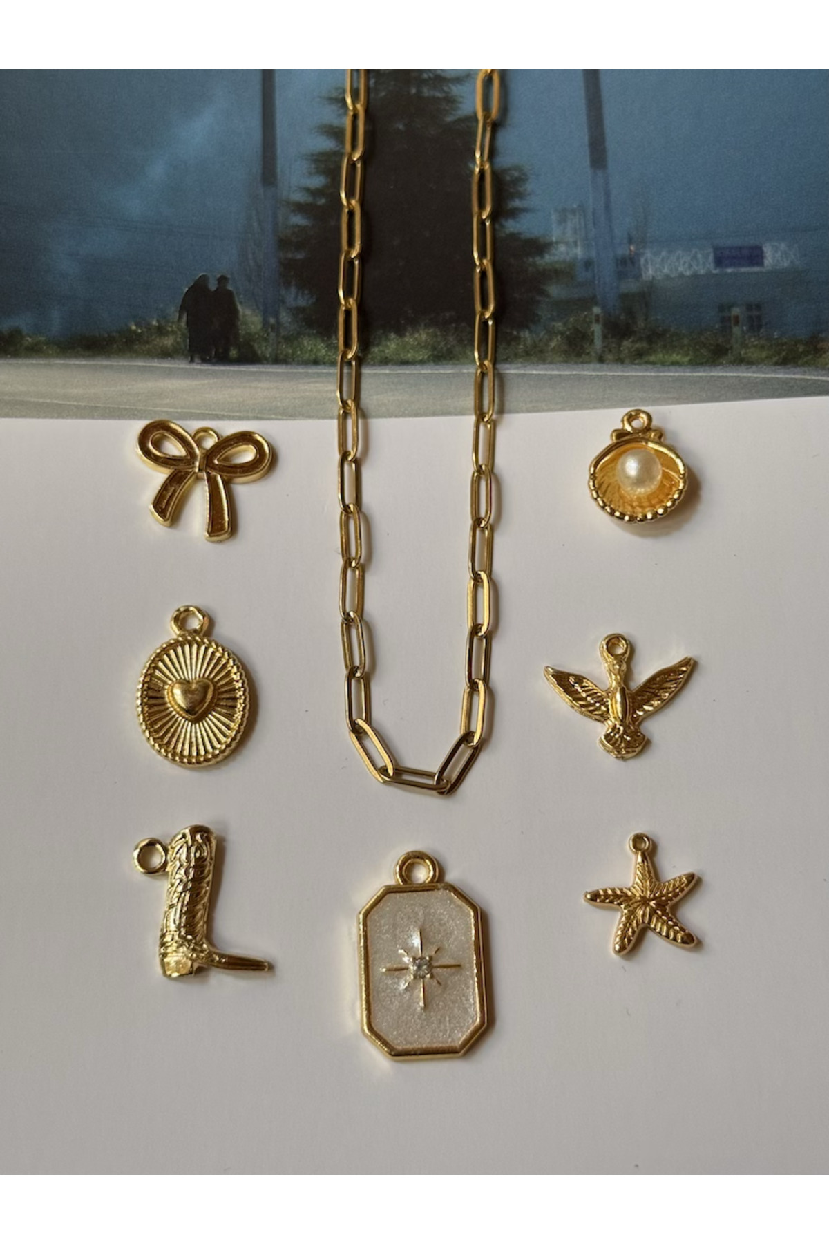 roshel Çelik Ataç Zincir ve 7 Adet Charm Kolye Yapım Seti 10 Adet Halka Kuzey - Görsel 3