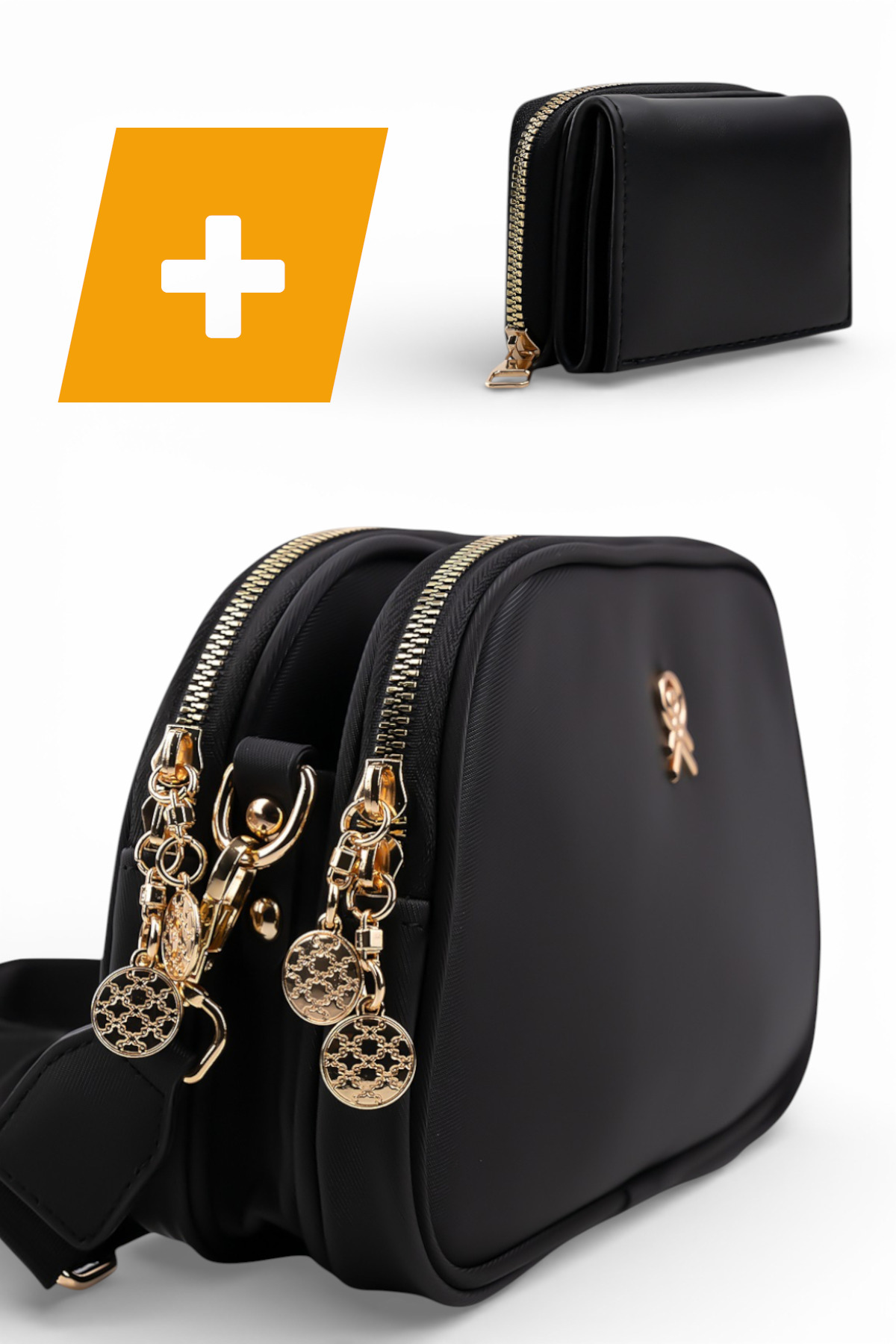 Les Crioch Kadın Omuz Çantası Buzy Saten Deri 3 Bölmeli Ayarlanabilir Siyah Cüzdan Hediyeli El Ve Omuz Çantası