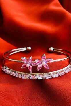 Bonicce Çiçekli Zirkon Taşlı Su Yolu 2li Kadın Çelik Kelepçe Bileklik Paslanmaz