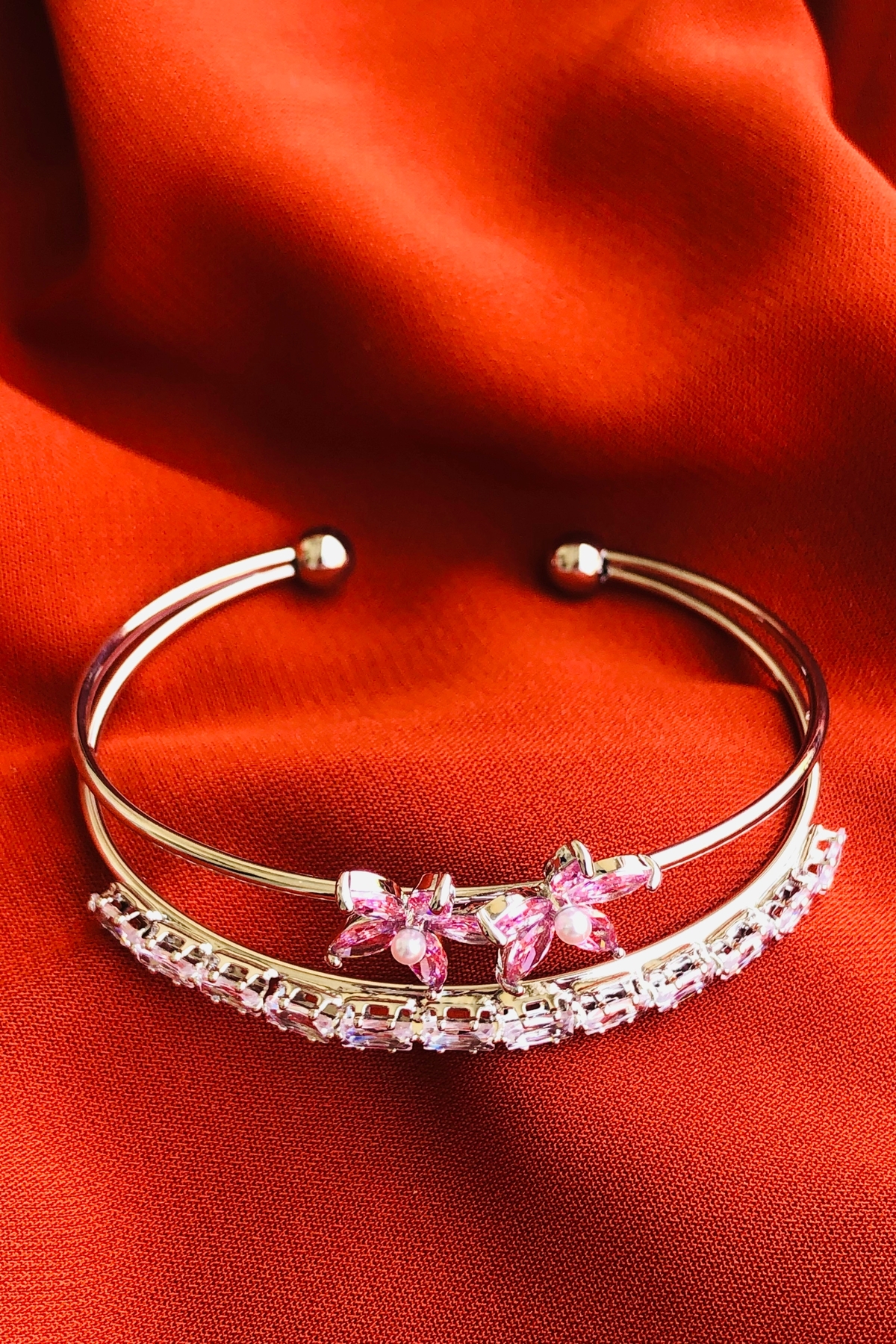 Bonicce Çiçekli Zirkon Taşlı Su Yolu 2li Kadın Çelik Kelepçe Bileklik Paslanmaz - Görsel 2
