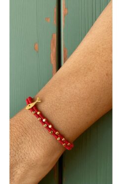 Bensei Takı Dükkanı BENSEİ Pirinç Üzeri Altın Kaplama Balık ve Boncuk Aksesuarlı, Kırmızı Bileklik