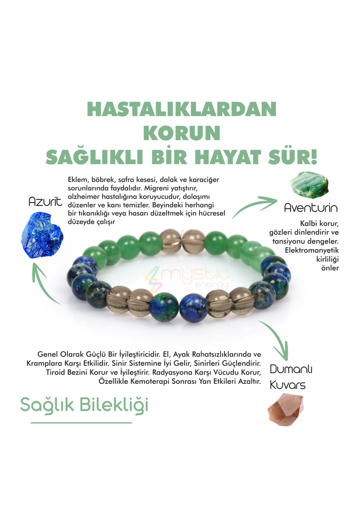 Mystic Energy %100 Gerçek Doğal Taş Şifa Ve Sağlık Bilekliği | Azurit, Aventurin, Dumanlı Kuvars Doğaltaş