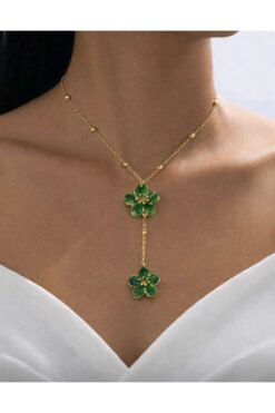 monalisatoka Kadın Gold Yeşil Çiçek Y Model Kolye