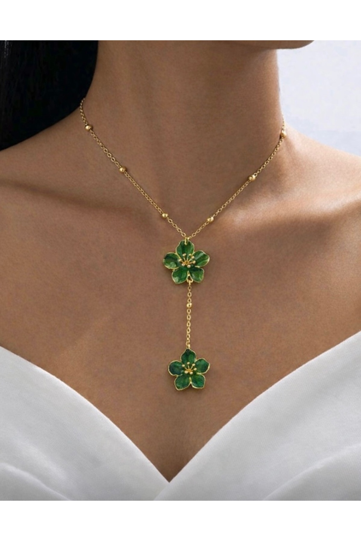 monalisatoka Kadın Gold Yeşil Çiçek Y Model Kolye