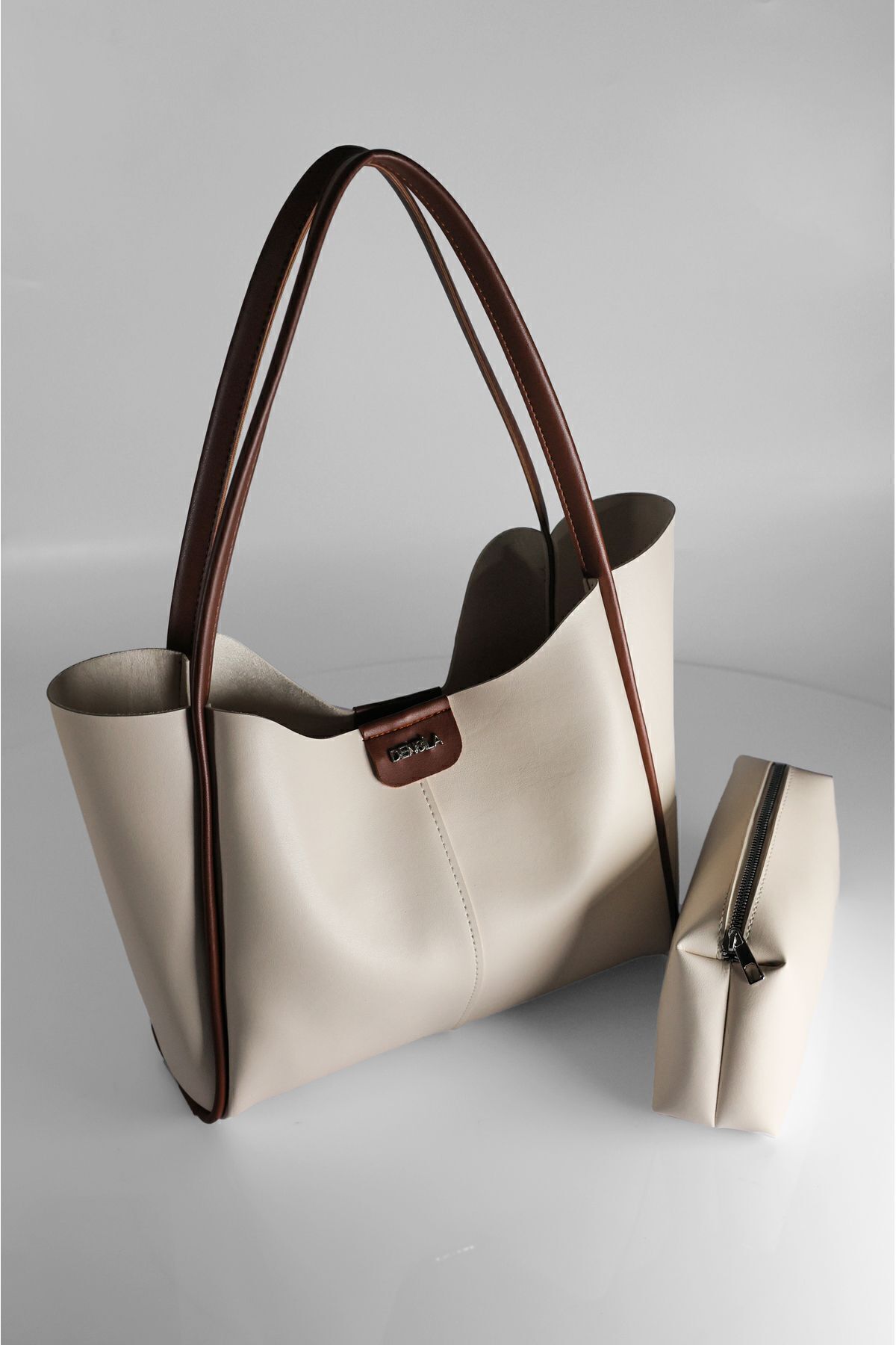 DENSİLA Kadın Krem-Taba Büyük Boy Makyaj Çantalı El Ve Omuz Çantası - Görsel 3