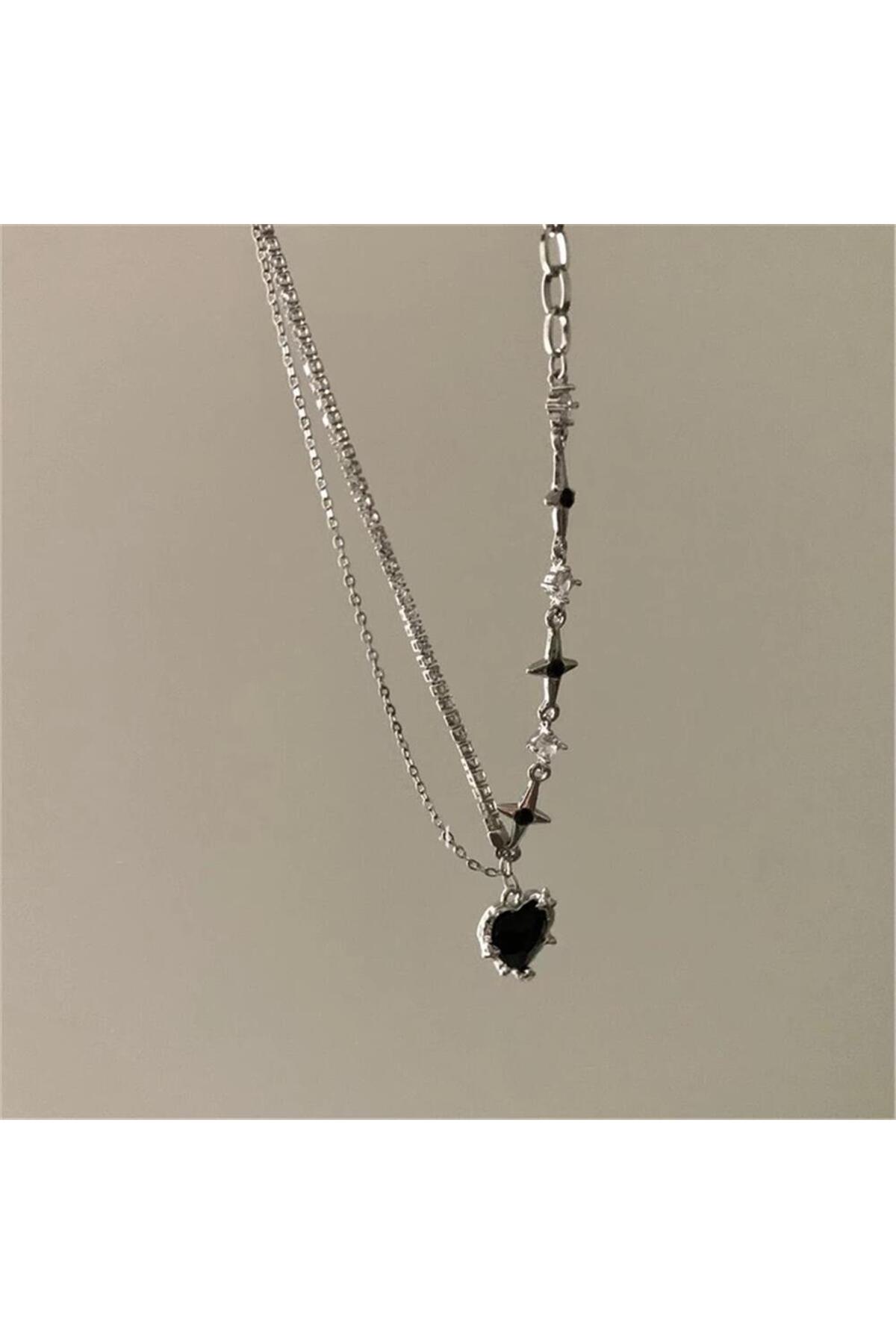 Pelin Aksesuar Siyah Taşlı Kalp Silver Kolye - Görsel 2