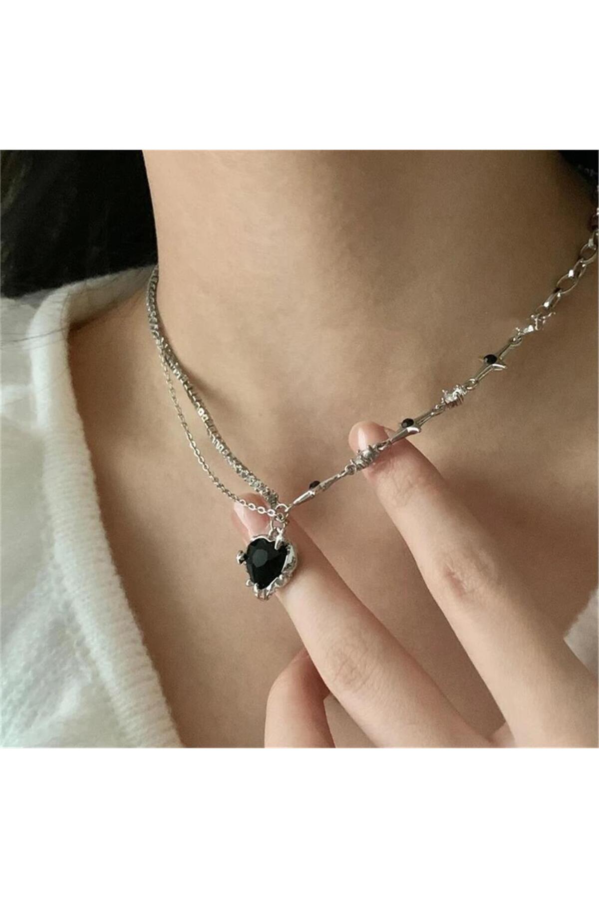 Pelin Aksesuar Siyah Taşlı Kalp Silver Kolye - Görsel 3