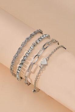 PREGIO Kadın 4'lü Kalp Detaylı Gümüş Renk Kombin Bileklik Seti