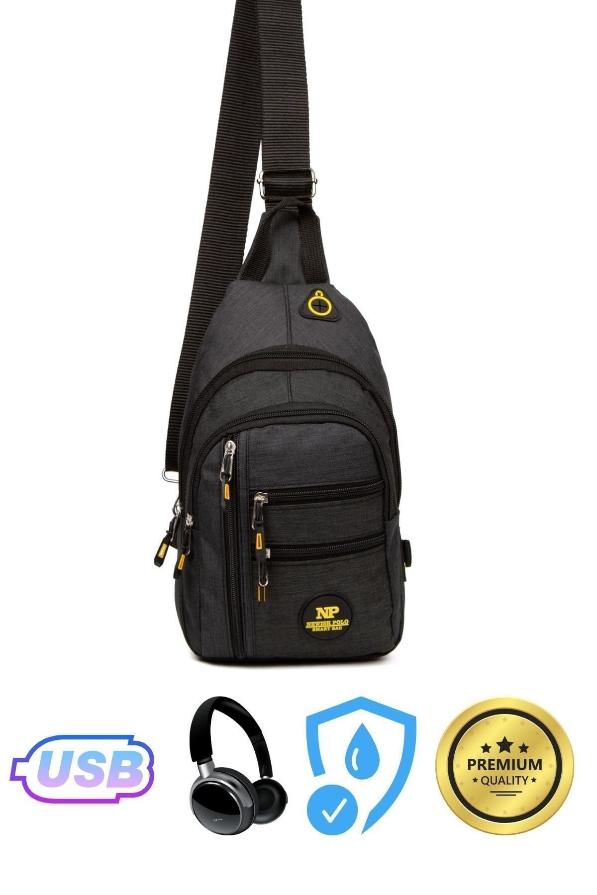 Linatigers Unisex Siyah Usb Kulaklık Çıkışlı Omuz Çantası Çapraz Askılı Göğüs Çanta - Görsel 2