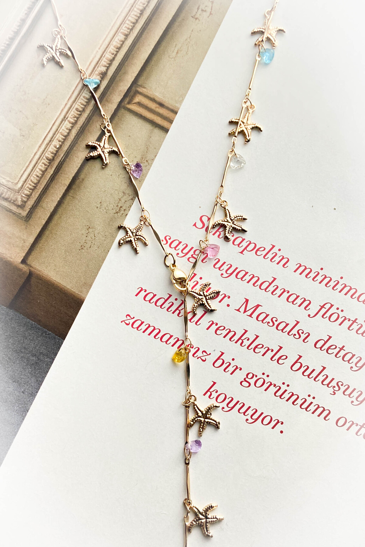 roshel Çelik Y Kolye Taşlı Kalp,Kelebek ve Deniz Kabuğu Figürlü